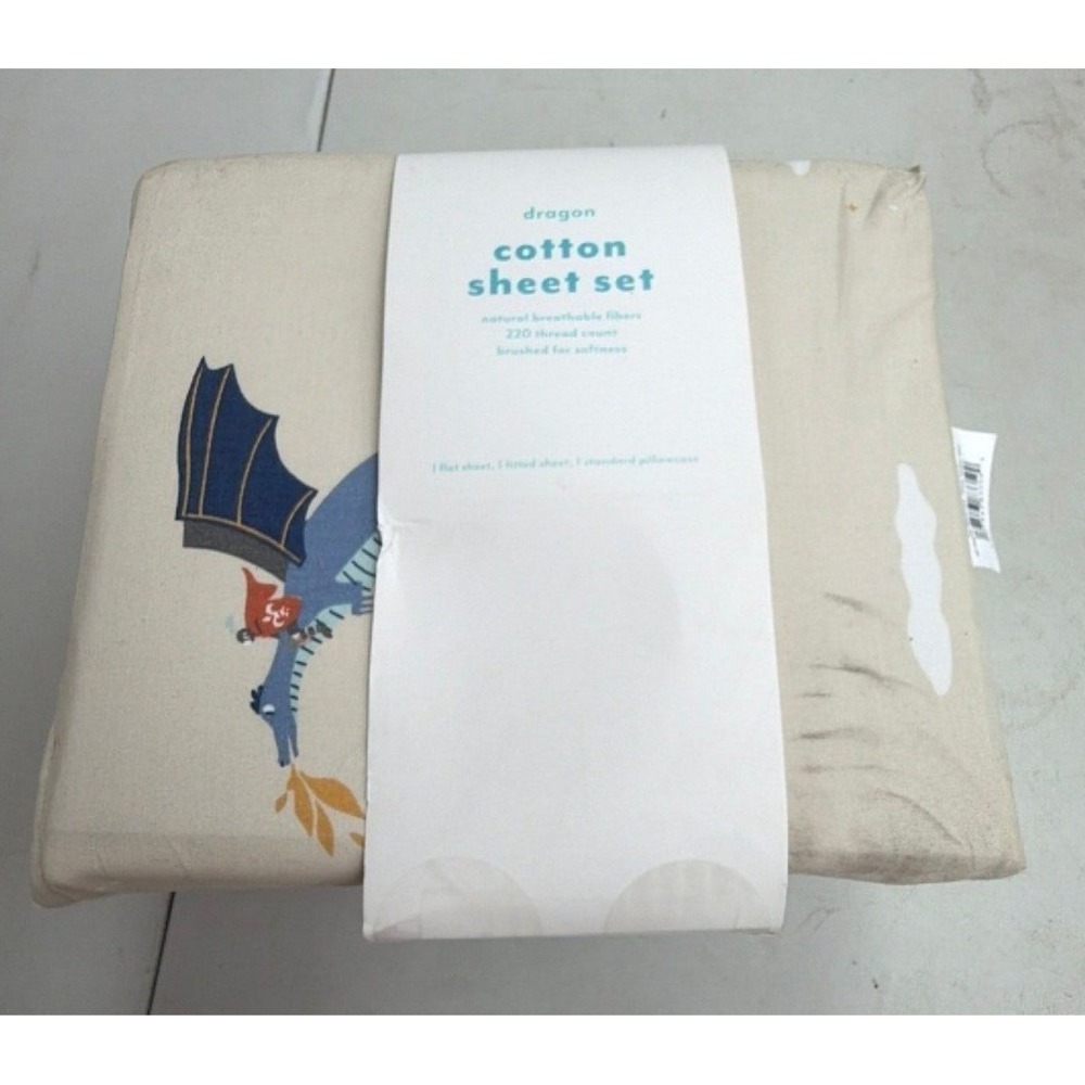 #137 Dragon Cotton Sheet Set Twin 220 Thread Count Cream Blue Red 3 Piece